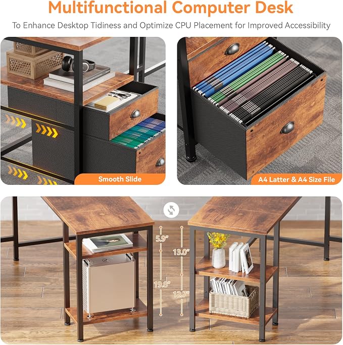 Furologee L Shaped Computer Desk with Power Outlet, Reversible Home Office Desk for Work Study, 50 Inch Corner Gaming Table with File Drawer, Monitor Stand, Storage Shelves, Rustic Brown