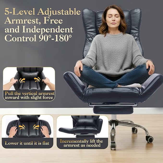 High Back Executive Office Chair with Footrest, Reclining PU Leather, Lumbar Support, Criss Cross Style, 155° Recline, Black (Black)