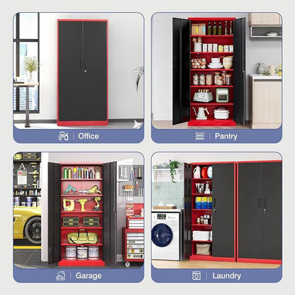 Metal Storage Cabinet with Lock,71 Inch Garage Cabinet with 2 Doors and 5 Adjustable Shelves,Steel Storage Cabinets for Garage,Home Office,Pantry,School(Red & Black)