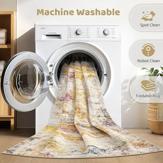 Runner Rug Kitchen Washable Rugs: 2x6 Non-Slip Abstract Soft Modern Stain Resistant Indoor Floor Neutral Accent Throw Carpet for Hallway Bathroom Laundry Room Entryway Bedroom- Gold Colorful