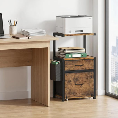 HIGDBFE 2-Drawer File Cabinet with Printer Stand&Dual Shelves, Rustic Brown | 2-Tier Printer Storage, Letter File Drawer, Reversible Side Bag, Smooth Drawer Slides, Rolling Support Board