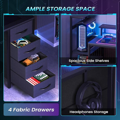 51 Inch Gaming Desk with Power Outlet and LED Lights, Computer Desk with 4 Drawers & Storage Shelves, Reversible Home Office Desk with Monitor Stand for Small Space Bedroom, Carbon Fiber Black