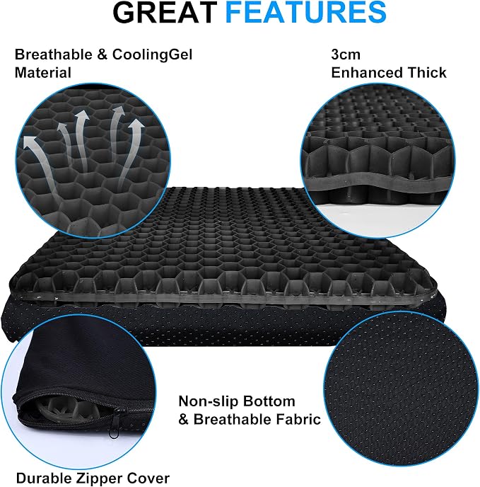 Yimiyaa Gel Seat Cushion, Double Thick Egg Gel Cushion for Pressure Pain Relief, Breathable Wheelchair Cushion Chair Pads for Car Seat Office Chair Black
