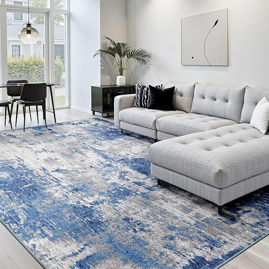 RELEANY Washable Area Rugs 6'x8' Non-Slip Modern Abstract Soft for Living Room Entryway Bedroom Kitchen, Print Pattern, Blue Grey Navy Gray