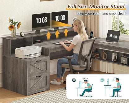 YOMILUVE Farmhouse 63" L Shaped Desk with Drawers, Home Office Desks with Storage Shelves and Printer Stand, Corner Computer Desk with Power Outlets and Monitor Stand,Grey