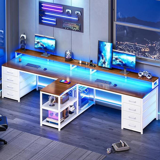 SEDETA 94.5" 2 Person Gaming Desk, Long Office Computer Desk with 8 Drawers & LED Light, Two Person Desk with Storage, Power Strip & Monitor Shelf for Home Office, Brown+White