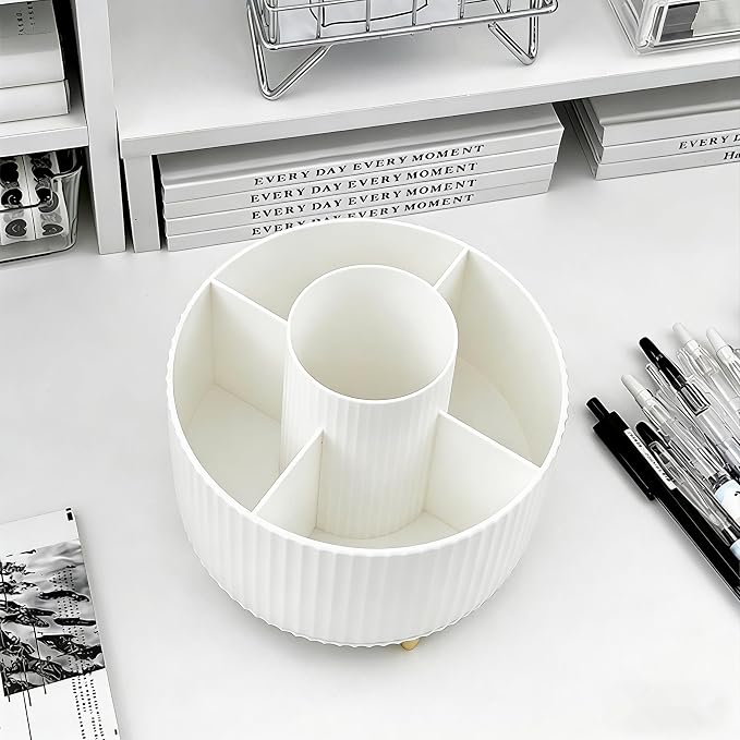 Pencil Pen Holder 5 Slots 360°Degree Rotating Pen Organizers for Desk Desktop Storage Stationery Supplies Cute Pencil Cup Pot Kids Desk Organizer for Office Home School（White 2