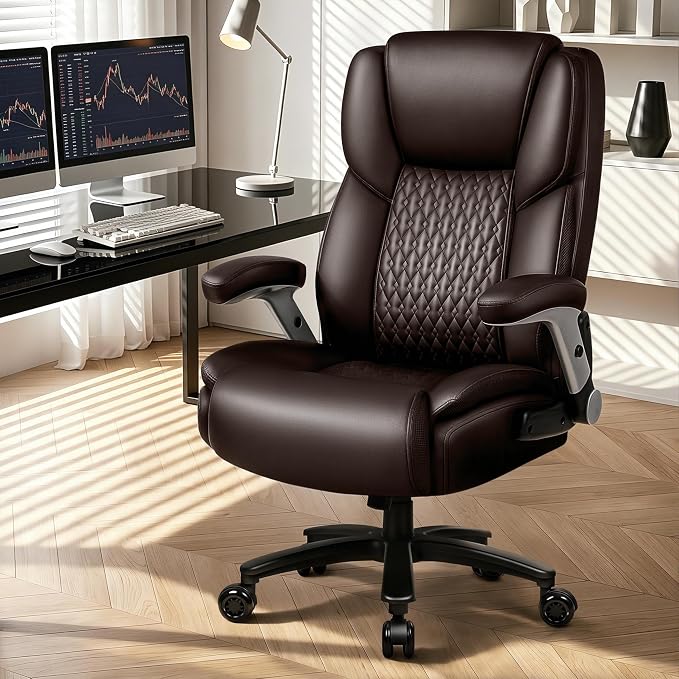 Big and Tall Office Chair 600LBS, Ergonomic Executive Desk Chair with Adjustable Lumbar Support & Flip-up Armrests, High Back Heavy Duty XL Computer Chair for Home Office, PU Leather, Brown