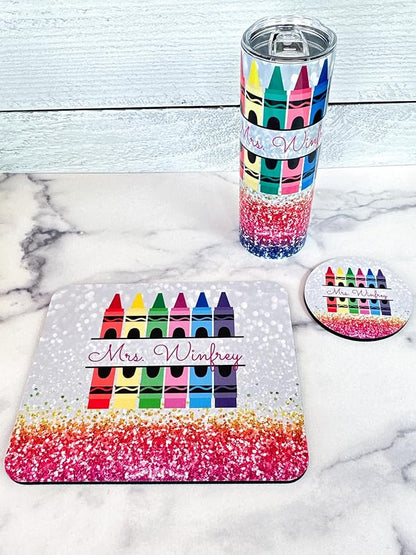 Personalized Teacher Mousepad and Coaster Desk Set Gift for Teachers Appreciation Back to School Classroom Decor Custom Handmade by The Painted Pug (Rainbow Crayon)