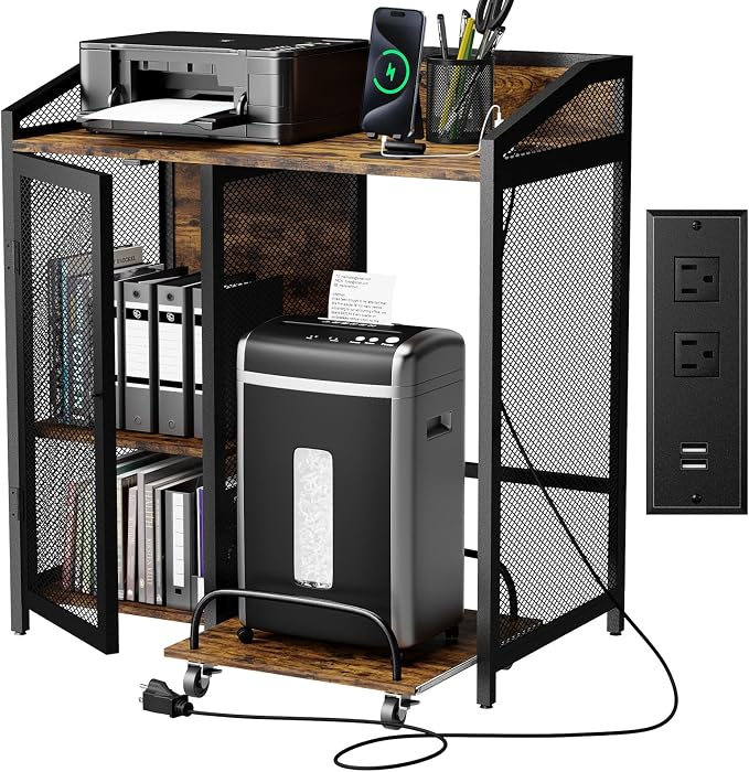 Printer Stand with Charging Station, Mobile Shredder Stand – 3 Tier Lateral Printer Table with Open Storage Shelves- Printer Cabinet for Office Home Use with Adjustable Shelves and Mesh Door