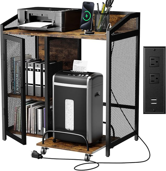 Printer Stand with Charging Station, Mobile Shredder Stand – 3 Tier Lateral Printer Table with Open Storage Shelves- Printer Cabinet for Office Home Use with Adjustable Shelves and Mesh Door