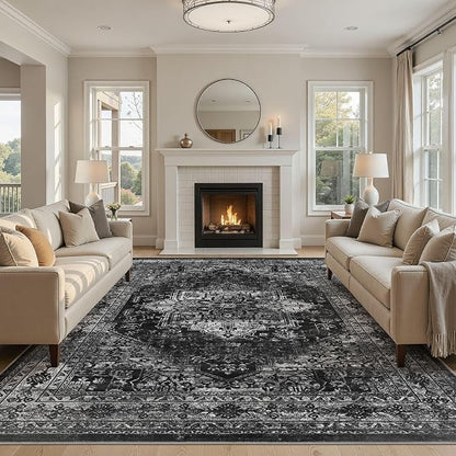 UERMEI 10x12 Area Rug Living Room Rugs - Washable Vintage Soft Large Rug Indoor Floor No Slip Rug Carpet for Bedroom Farmhouse Under Dining Table Home Office Decor - Black