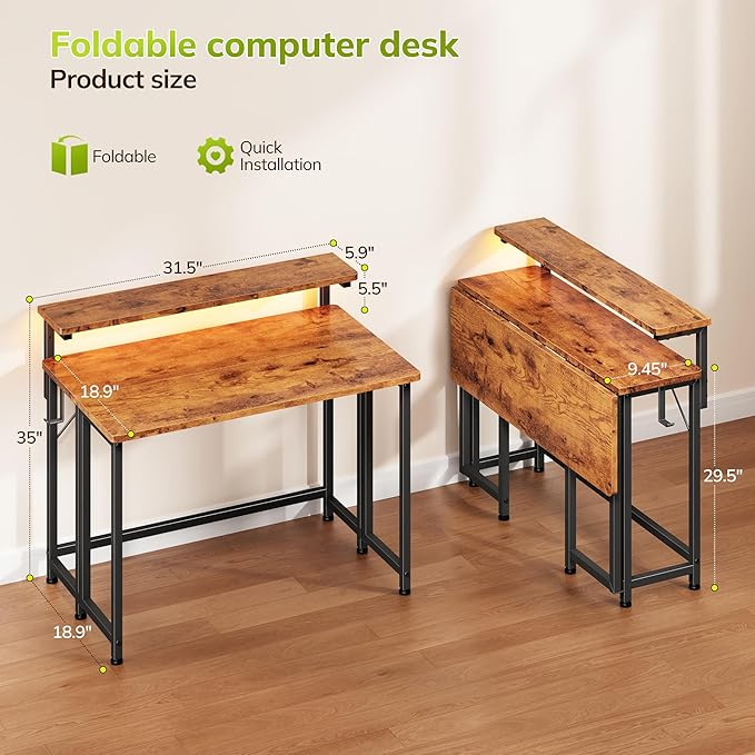 Folding Table with RGB Light for Small Space, 31.5" Folding Computer Desk for Space Saving Sofa Table for Couch, Home Work Office Desk with Monitor Stand, Easy to Fold with Hooks,Rustic Brown