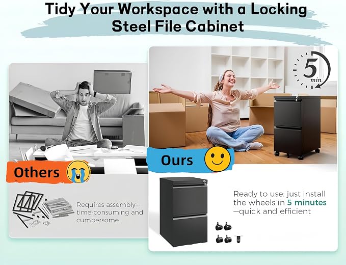 Approgreent 2 Drawer Metal File Cabinet, Fully Assembled Locking Filing Cabinet with Anti-Tipping Wheels, Quiet Slide, Heavy-Duty Steel Construction, Fits A4 Letter Legal for Home Office, Matte Black