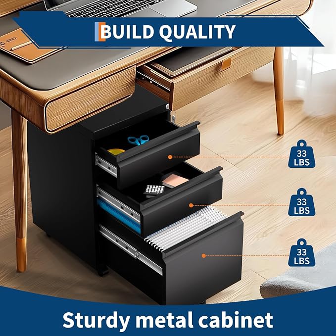 GAOMON 3-Drawer Mobile File Cabinet with Lock, Metal Filing Cabinet on Wheels, Fits Letter/Legal/A4 Files, Space-Saving Under Desk Office Storage Organizer for Home Office, Easy Assembly, Black