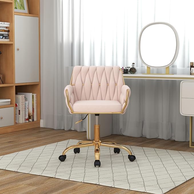 Velvet Home Office Chair, Modern Height Adjustable Cute Vanity Chair, 360° Swivel Makeup Chair with Golden Base and Hand Woven Backrest for for Bedroom/Study/Vanity(Light Pink)