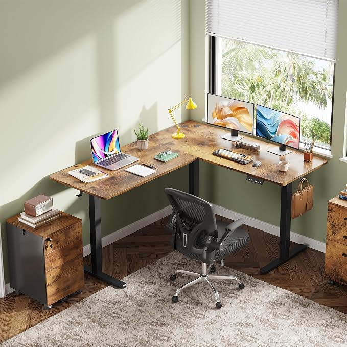 DEVAISE 63 Inch L Shaped Electric Standing Desk, 3 Adjustable Computer Desk for Home Office, Sit to Stand Desk with LED Touchscreen，Headphone Hook, 3 Memory Preset, with Split Top, Rustic Brown