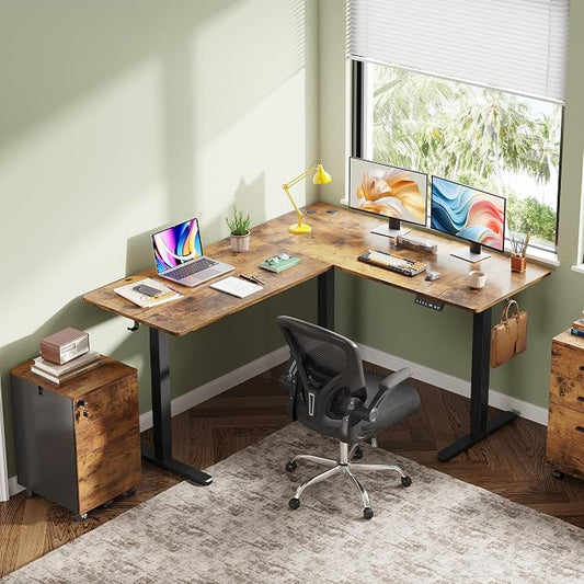DEVAISE 63 Inch L Shaped Electric Standing Desk, 3 Adjustable Computer Desk for Home Office, Sit to Stand Desk with LED Touchscreen，Headphone Hook, 3 Memory Preset, with Split Top, Rustic Brown