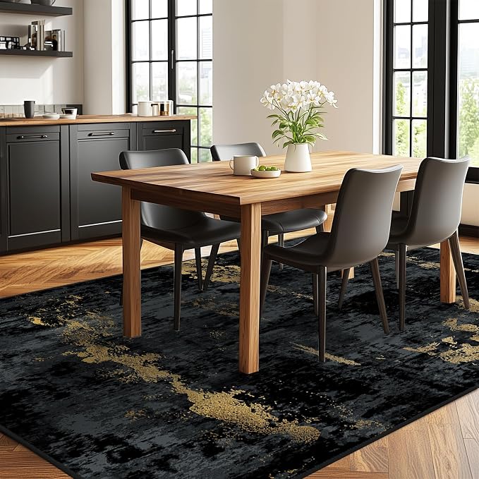 RELEANY Washable Area Rugs 7'x9' Non-Slip Modern Abstract Soft for Living Room Entryway Bedroom Kitchen, Print Pattern, Dark Black Gold