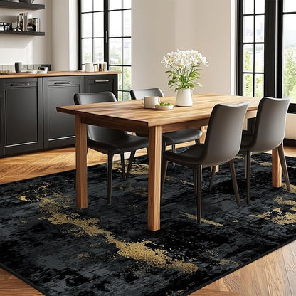 RELEANY Washable Area Rugs 7'x9' Non-Slip Modern Abstract Soft for Living Room Entryway Bedroom Kitchen, Print Pattern, Dark Black Gold