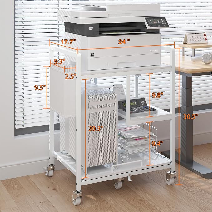 Sedegn Large Printer Stand with Wheels: Lockable Rolling Printer Cart | 24 x 18 Inch Top Fits Laser Printers Shredders and PC Towers 3-Outlet Power Strip and Storage Bag for Home Office (White)