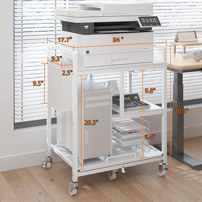 Sedegn Large Printer Stand with Wheels: Lockable Rolling Printer Cart | 24 x 18 Inch Top Fits Laser Printers Shredders and PC Towers 3-Outlet Power Strip and Storage Bag for Home Office (White)