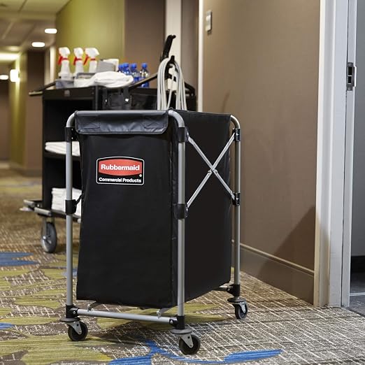 Rubbermaid Commercial Products, Collapsible X Cart, Black, Steel 4 Bushel Bin, Commercial Laundry Cart with Wheels for Hotel/Nursing Home/Home/College Easily Move Laundry/Supplies/Groceries