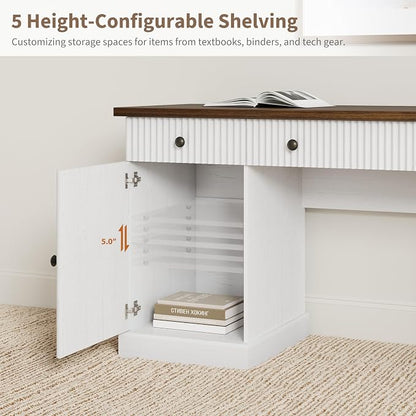 Garvee 60" Office Desk with Storage & Drawers, Fluted Wood Executive Desk with File Drawer & Charging Station, Modern Computer Desk with Adjustable Shelves for Home Office, White