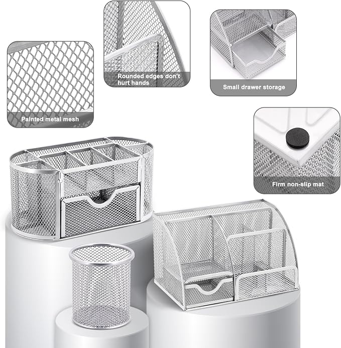 17 in1 Silvery Desk Organizers and Accessories Set, 3 Office Desk Supplies Storage Organization, 4 Pens, Stapler, Staples & Remover, Tape & Dispenser, Scissors, Ruler, Clips, Hole Punch Back to School