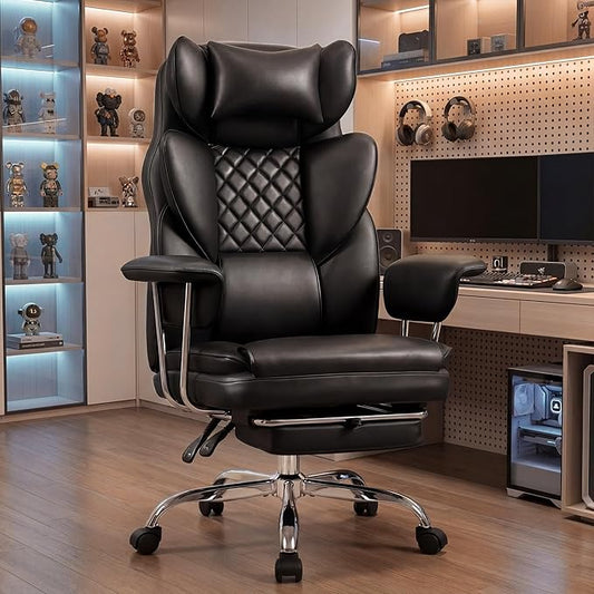 NEO CHAIR Big and Tall Office Chair Gaming Computer Chair High Back Heavy Duty Desk Chai with Lumbar Support Adjustable Recliner Footrest Wide Seat Leather Executive Home with Wheels (Leather Black)