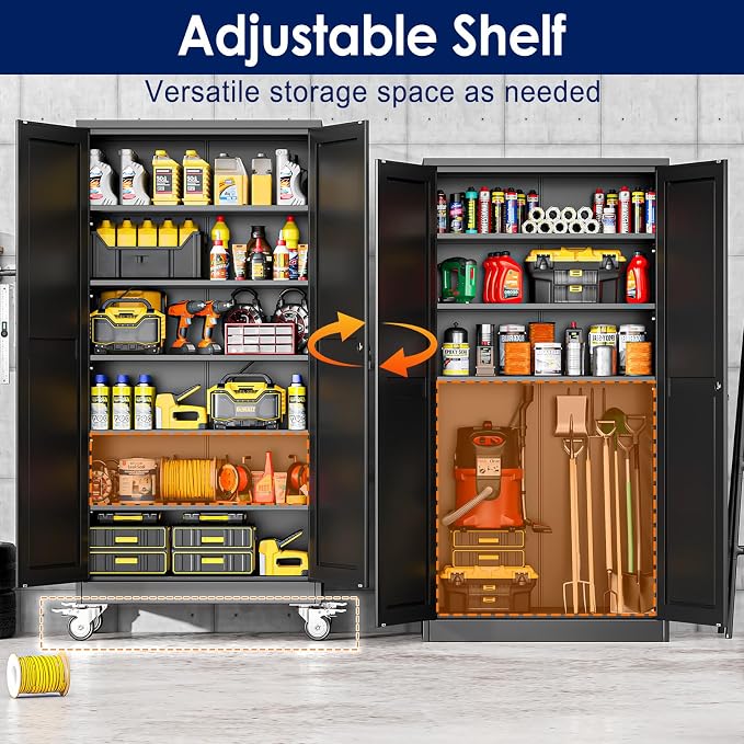 erosoei 74" H Metal Garage Storage Cabinet, Rolling Tool Cabinet with 2 Doors and Wheels, Locker Steel Cabinet with 5 Adjustable Shelves, Organization Cabinet for Garage,Office,Home,Gym,School（Black）