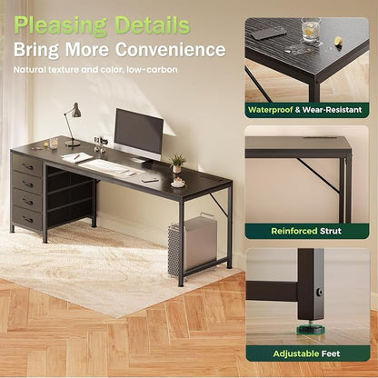 PRAISUN 63 Inch Computer Office Desk with Power Outelts and USB-C Port, Reversible Gaming Desk with 4 Fabric Drawers, Work Study Desk Work from Home, Black
