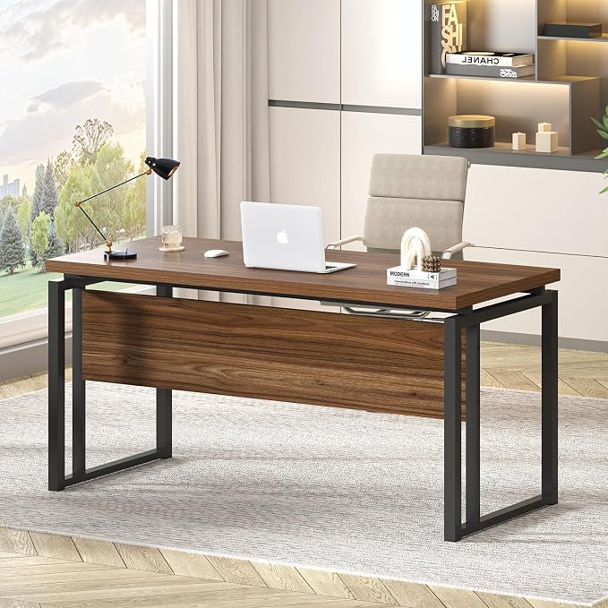EXCEFUR Home Office Desk, Modern Computer Desk for Workstation, Wood Metal Executive PC Laptop Study Writing Table for Living Room, 53 Inch, Rustic Walnut