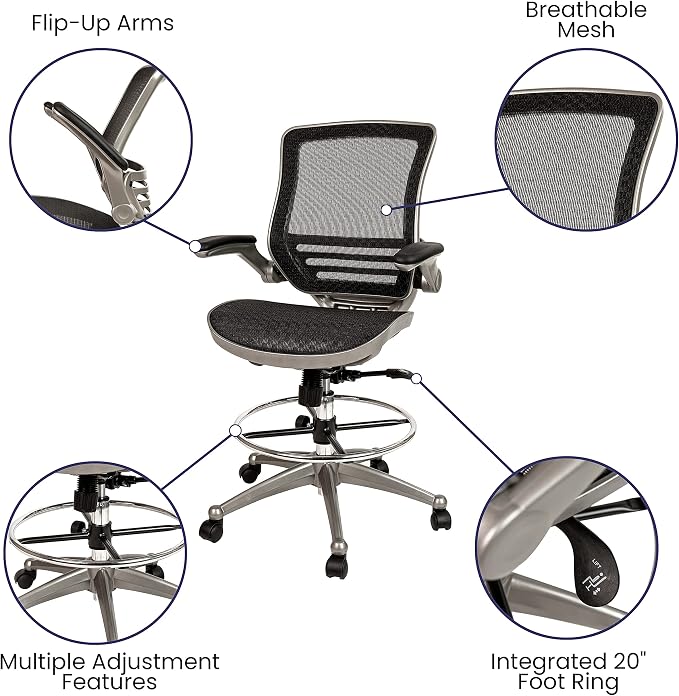 Flash Furniture Waylon Mid-Back Swivel Office Chair with Adjustable Foot Ring and Seat Height, Ergonomic Mesh Chair with Armrests, Black/Silver