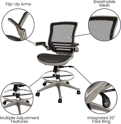 Flash Furniture Waylon Mid-Back Swivel Office Chair with Adjustable Foot Ring and Seat Height, Ergonomic Mesh Chair with Armrests, Black/Silver