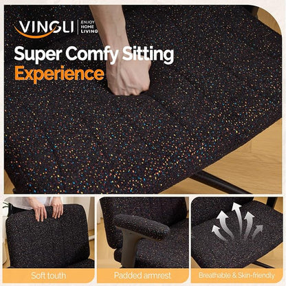 VINGLI Criss Cross Chair with Adjustable Flip-Up Arms,Cross Legged Chair with Wheels,Extra Wide Office Chair,Desk Chair for Home Office,Vanity,Bedroom, Apartment,Starry Chenille,Black