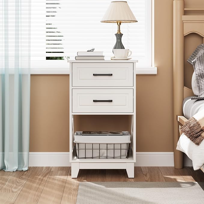 RoyalCraft 30" Tall Nightstand, Modern Painted Bedside Table with 2 Drawers and Open Shelf, Wood Side Table for Bedroom, Home Office, White-Open Shelf Below, Set of 1