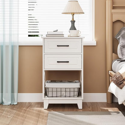 RoyalCraft 30" Tall Nightstand, Modern Painted Bedside Table with 2 Drawers and Open Shelf, Wood Side Table for Bedroom, Home Office, White-Open Shelf Below, Set of 1