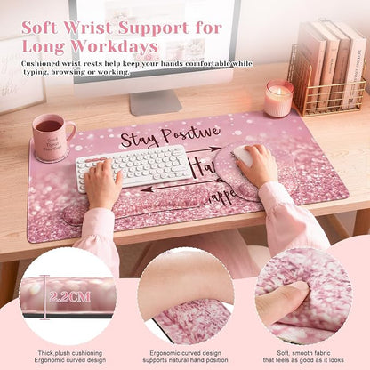 iCasso Mouse Pad,Large Pink Desk Mat Set, 4in1 XXL Mousepad + Keyboard Wrist Rest+Mouse Wrist Rest+Coaster with Ergonomic Desk Pad for Home Office Table Computer Cover -Pink Stay Positive