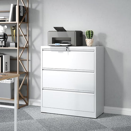 3 Drawer File Cabinet,Metal Lateral Filing Cabinet with Lock,Home Office Storage Organizer Cabinet for Legal/Letter/A4/F4 Size Files,35.5" W,White