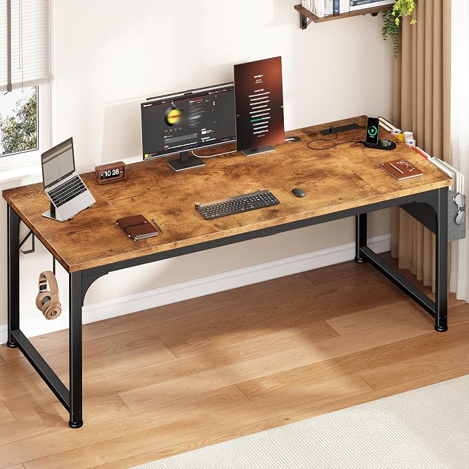 DurayLoly 63 x 24 inch Large Computer Desk, 24mm Thick Desktop with Power Outlets, RGB LED, Office Desk with Detachable Stand, 150LBS Heavy Duty, Spacious Desk for Multi-Tasking Workers, Brown
