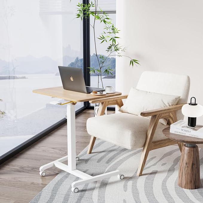 ETHU Tiltable Mobile Standing Desk, Rolling Podium Stand with Magnetic Hook, 90° Tilting Tabletop, Height Adjustable Sit Stand Desk for Home, Office and Classroom, Oak