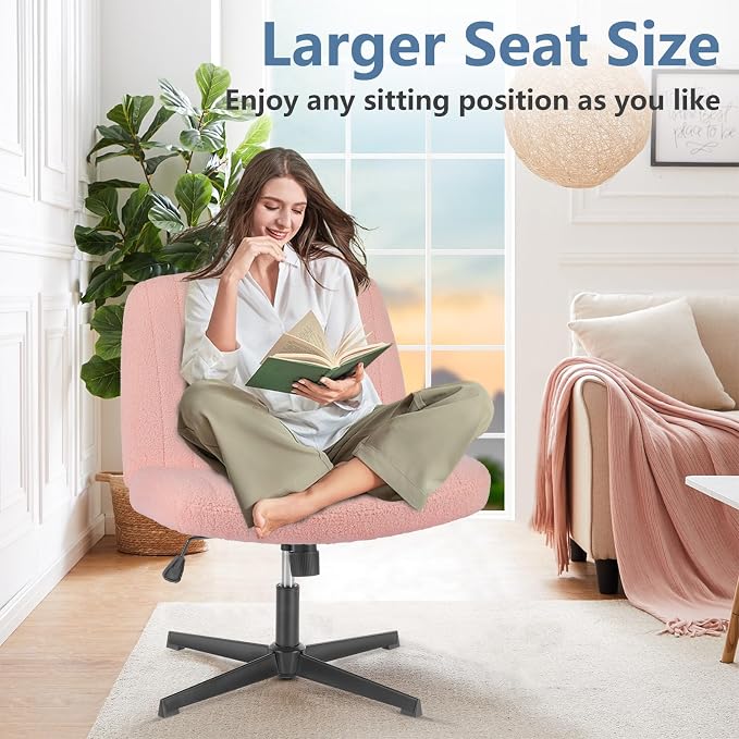 DUMOS Criss Cross Chair No Wheels, Cross Legged Office Desk Armless Vanity Chiar Wide Seat, Height Adjustable Swivel Computer Task Chairs for Home Bedroom, Pink Teddy