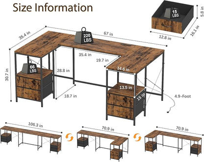 YOSHOOT 67" U Shaped Computer Desk, Reversible L Shaped Gaming Desk | Corner Desk with Power Outlets, 4 Drawers, 2 Storage Shelf, Computer Table with 4 Installation Methods, Rustic Brown