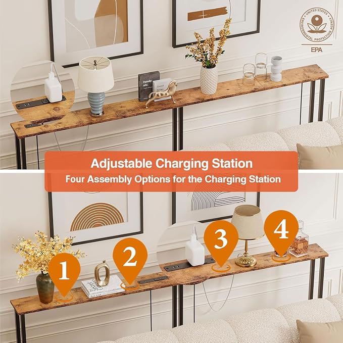 Keelian 78" Narrow Console Sofa Table with Power Outlets & 2 USB Ports, Metal Frame, Rustic Brown, Perfect for Hallway, Office, and Behind Sofa - Easy Assembly, 4.9' Extension Cord Included