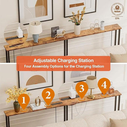 Keelian 78" Narrow Console Sofa Table with Power Outlets & 2 USB Ports, Metal Frame, Rustic Brown, Perfect for Hallway, Office, and Behind Sofa - Easy Assembly, 4.9' Extension Cord Included