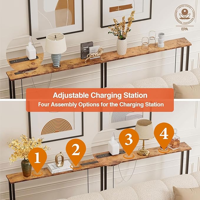 Keelian 70" Narrow Console Sofa Table - Power Outlets & 2 USB Ports, Metal Frame, Rustic Brown, Perfect for Hallway, Office, and Behind Sofa - Easy Assembly, 4.9' Extension Cord Included