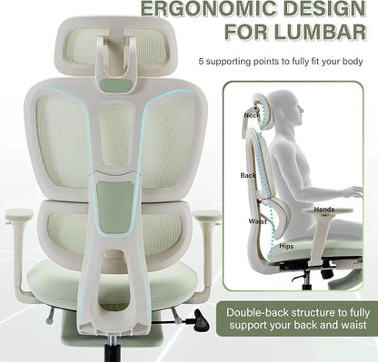 Ergonomic Mesh Office Chair with Retractable Footrest - High Back Computer Chair, Lumbar Support, Adjustable Armrest and Headrest, Durable Base - Multifunctional Home Office Desk Chair for Adults