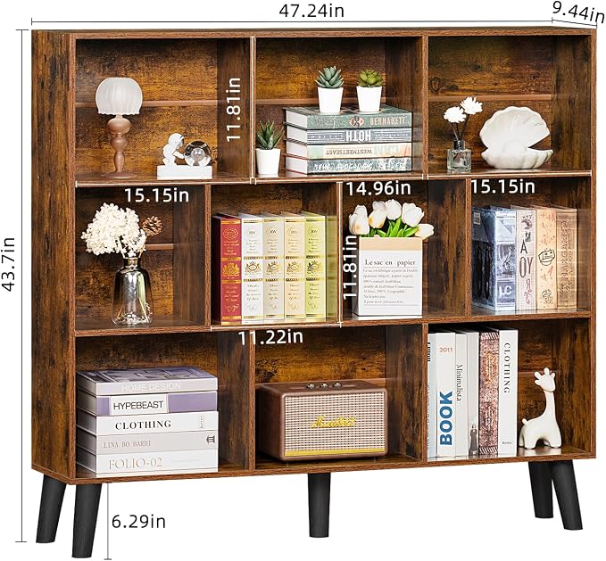 LEYAOYAO 10 Cube Bookshelf,3 Tier Modern Wide Bookcase with Legs,Mid-Century Wood Bookshelves Storage,Brown Large Book Case,Freestanding Organizer Display Shelf for Bedroom,Living Room,Office