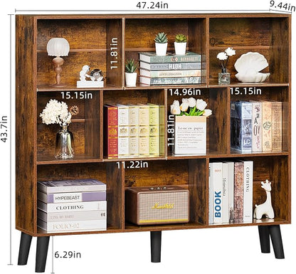 LEYAOYAO 10 Cube Bookshelf,3 Tier Modern Wide Bookcase with Legs,Mid-Century Wood Bookshelves Storage,Brown Large Book Case,Freestanding Organizer Display Shelf for Bedroom,Living Room,Office
